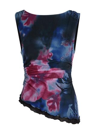 Free People Ash Floral-print Asymmetric Chiffon top - Navy - XL (UK 20-22 / XL)