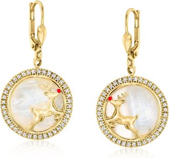 Ross-Simons Mother-Of-Pearl and. White Zircon Reindeer Drop Earrings With Red Enamel in 18kt Gold Over Sterling