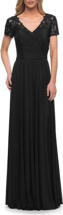 La Femme Jersey Long Evening Dress with Short Lace Sleeves in Black at Nordstrom, Size 14