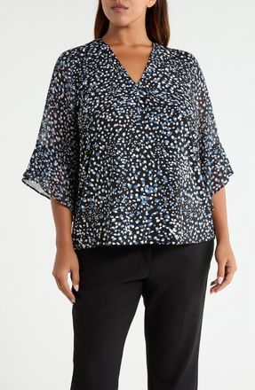 Anne Klein Split Neck Mixed Media Top in Anne Black/dutch Blue Multi at Nordstrom, Size 3X