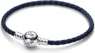 Pandora Moments Round Clasp Blue Braided Leather Bracelet