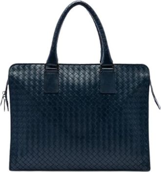 Bottega Veneta Pre-owned Woven Nappa Briefcase - Dames - Vintage Handtas - Blauw - ONE Size - Leer - Vintage