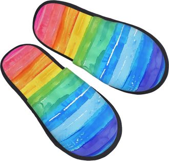 Generic Plush Fluffy Slipper Watercolor Rainbow Colorful Stripes House Slipper Warm Spa Slippers for Family Travel Indoor M
