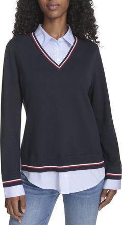 Tommy Hilfiger Womens Long Sleeve Button Up Collared Twofer Sweater, Sky Captain Multi, Small