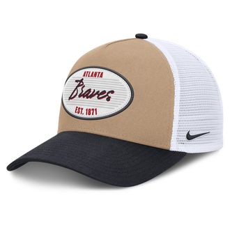 Nike Atlanta Braves Rise Nike Mens MLB A-Frame Trucker Adjustable Hat in Brown | NB1F0JOVAW-G3T