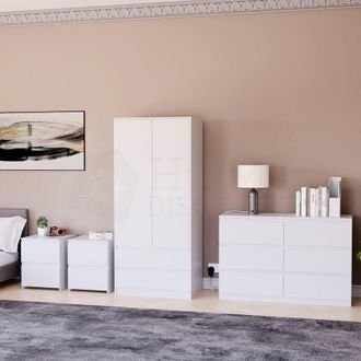 Home Discount Home Discount - 4 Piece Denver Bedroom Set, 2 Drawer Large Bedside Chest x2, 6 Drawer Chest, 2 Door 2 Drawer Wardrobe, White