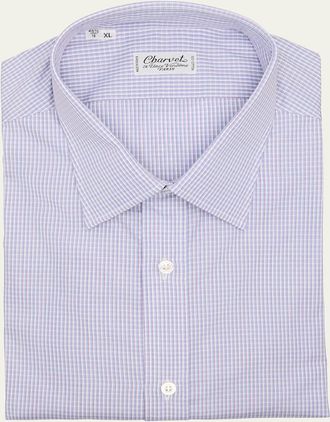 Charvet Mens Cotton Micro-Check Point Collar Slim Dress Shirt