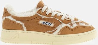 Autry Beige Cognac Medalist Low Suede Shearling Sneakers