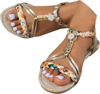Generic Womens Strappy Flat Sandals Dressy Summer 2026 Open Toe Casual Bohemian Orthopedic Ankle Strap Flip Flops Comfortable Wide Width Jeweled Beaded Beach 