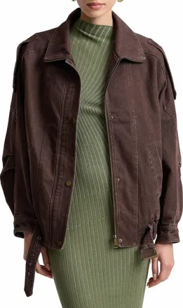 Avec Les Filles Denim Belted Bomber Jacket in Brown at Nordstrom, Size X-Large