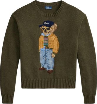 Ralph Lauren Trui met ronde hals en beren-intarsia - Dames - Ronde hals truien - Groen - S - Katoen - Truien & Vesten