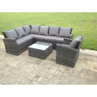 Fimous 7 seater high back dark grey mixed rattan corner sofa set chair square coffee table outdoor furniture left option - Fimous