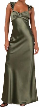 Lulus Exuberant Luxury Satin Ruffled Lace-Up Maxi Dress In Olive Green