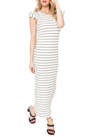 Gibsonlook Stripe Ruffle Sleeve Cotton Knit Maxi Dress in White Black Stripe at Nordstrom Rack, Size X-Large