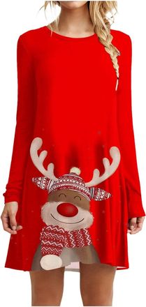 Generic Christmas Dresses for Women UK Long Sleeve Oversized Jumper Dress with Wine Glass & Reindeer Print Funny Ugly Christmas Sweater Dress for Xmas Party F