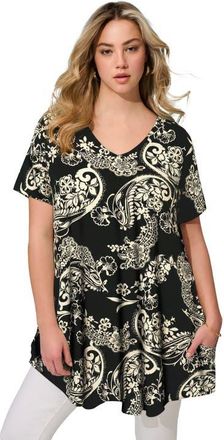 Roaman's Ultra Drape V Neck Short Sleeve Swing Tunic in Black Lace Paisley at Nordstrom, Size 16