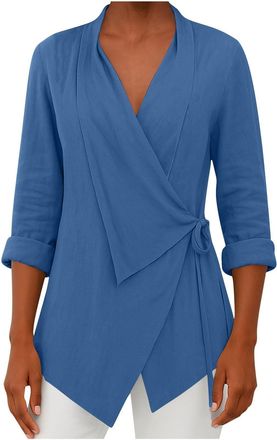 Generic Womens V Neck Wrap Lapel 3/4 Sleeve Knot Side Tie Waist Irregular Hem Trendy Business Office Tunic Blouse Top(Blue, L)