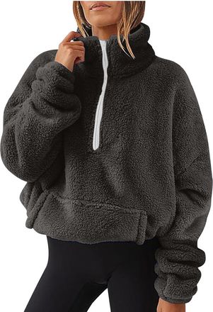 Generic Fleece Jacket Womens Long Sleeve Stand Collar Half Zip Up Teddy Fleece Women Teddy Jacket Women Tunic Tops Jumpers Pullover Tops Sweatshirts Loose Fit