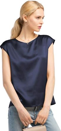 LilySilk Basic Cap Sleeves 22MM Silk T Shirt Relaxed Fit Round Neck Shirt for Ladies (10/S, Navy Blue)