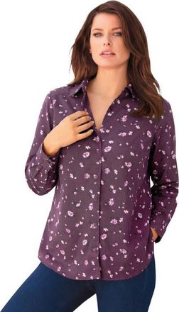 Roaman's Plus Size Kate Long Sleeve Easy Cotton-Blend Button-Front Shirt in Dark Berry Ditsy at Nordstrom, Size 12