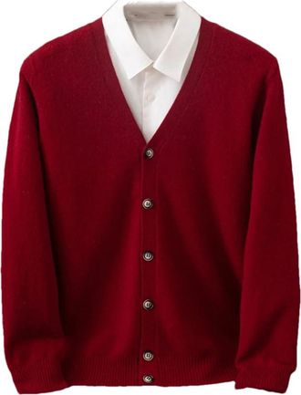 Generic Mens Wool Jumpers Knitted Long Sleeve Business V-Neck Cardigan Solid Color Buttons Outwear Burgundy S