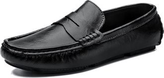 Generic Mens Loafers Shoe Penny Loafer Genuine Leather Stitching Details Round Toe Flexible Resistant Anti-Slip Party Prom Slip On(Black,7.5 UK)