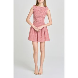 Wayf Esme Gingham Smocked Bodice Drop Waist Minidress in Red at Nordstrom, Size X-Large