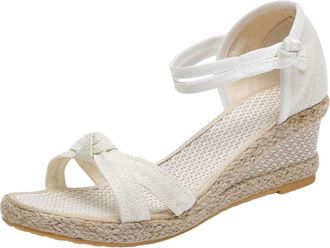 Generic Women Summer Weave Breathable Elastic Band Open Toe Bow Sandals Comfortable Beach Non Slip Casual Footwear (White, 6.5)