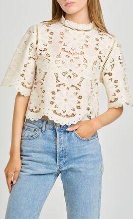 Wayf Mary Floral Embroidered Mock Neck Top in Antique Ivory at Nordstrom, Size X-Small