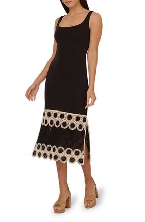 Adrianna Papell Crochet Detail Midi Sheath Dress in Black/ecru at Nordstrom, Size 10