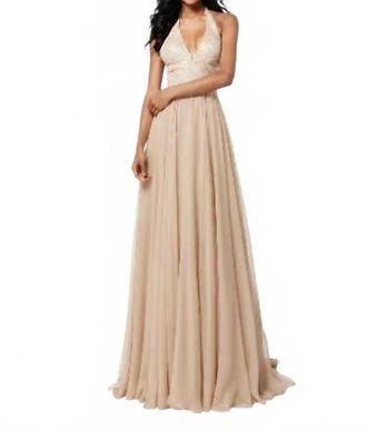 Sherri Hill Sequin Halter Chiffon Gown In Nude
