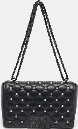 Carolina Herrera Black Quilted Leather Pearl Studded Flap Chain Shoulder Bag
