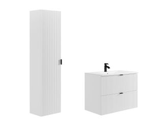 Vente-Unique Mueble de ba&ntilde;o suspendido estriado con lavabo encastrado y columna - Blanco mate - 80 cm - ZEVINI