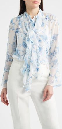 Anne Klein LS BTTN FRT W RUFFLE NK PLKT C in Crisp White at Nordstrom, Size X-Large