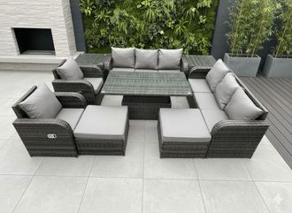 Fimous Rattan Outdoor Garden Furniture Sets Rising lifting Dining Table Reclining Chair Sofa Set with 2 Side Tables 2 Big Footstools in Dark Grey