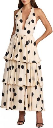 Mac Duggal Halter Neck Polka Dot Ruffle Maxi Dress in Black Ivory at Nordstrom, Size 12