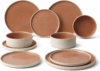 SIA D&eacute;co Juego de 16 piezas de vajilla de gres beige y blanco L28