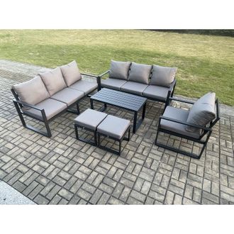 Fimous Fimous Aluminium 9 Seater Garden Furniture Outdoor Patio Sofa Set with Rectangular Coffee Table Armchair 2 Small Footstool Dark Grey