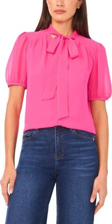 CeCe by Cynthia Steffe Puff Sleeve Tie Neck Top in Brilliant Fuchsia at Nordstrom, Size X-Small