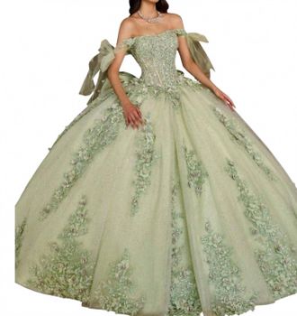 Rachel Allan Floral Embroidered Corse Bodice Ballgown Dress In Sage/lilac