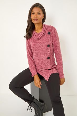 Roman Cowl Neck Button Stretch Top