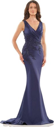 Colors Dress Wrapped V-Neck Applique Gown In Navy