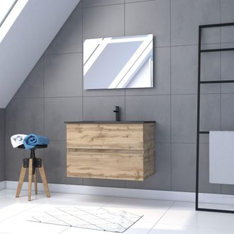 Aurlane Mueble De Ba&ntilde;o 80x54 Cm - Acabado Roble Natural + Lavabo Negro + Espejo Led