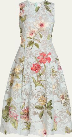 Oscar De La Renta Multi Domican Floral Print Lace Midi Dress