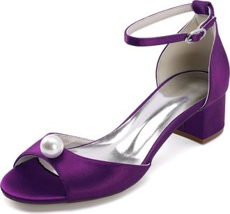 Generic Womens Block Heel Sandals Bridal Wedding Dress Shoes Low Heel Peep Toe Prom Party Dress High Heels Sandals 4.5Cm,Dark Purple,10 UK