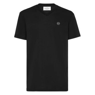 Philipp Plein Tops, Heren, Zwart, XS, Katoen, Basic V-Neck T-Shirt Hexagon