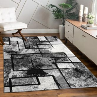 Paco Home Paco Home - Alfombra De Dise&ntilde;o Moderna De Velour Corto Con Aspecto De Pintura Abstracta Negra, Gris Y Antracita 160x230 Cm