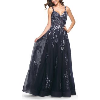 La Femme A-Line Tulle and Floral Sequin Gown with High Slit in Navy at Nordstrom, Size 0