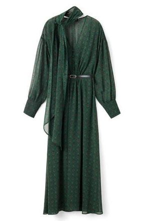 Mango Medallion Print Long Sleeve Dress with Removable Scarf in Green at Nordstrom Rack, Size 2