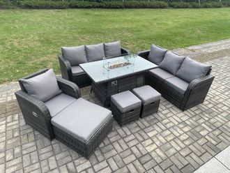 Fimous 10 Seater Wicker Rattan Garden Furniture Set Gas Fire Pit Dining Table Reclining Chair 3 Seater Sofa Set Indoor Outdoor with 3 Footstools